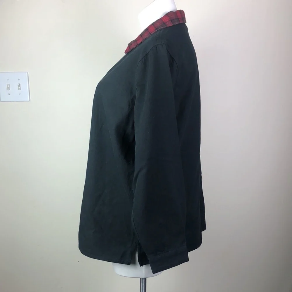Vintage Zipper Front Light Jacket Black Denim Plaid Collar